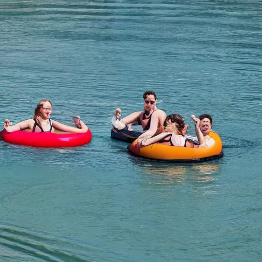 Prompt: a group of 4 people on inner tubes floating on a river