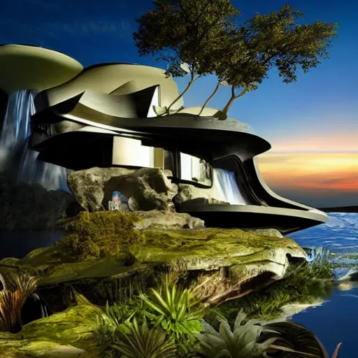 Prompt: a futuristic modern house, on a floating rock island, alien planet covered in water, multiple waterfalls, multiple moons glowing, stars, frank gehry,