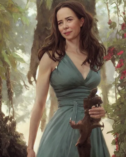 Prompt: a portrait painting of linda cardellini / amy acker / sabrina lloyd hybrid oil painting, gentle expression, laughing, elegant clothing, scenic background, unreal 5. rpg portrait, extremely detailed, artgerm, greg rutkowski, alphonse mucha, vladimir volegov, adolphe bouguereaum, greg hildebrandt, tim hildebrant