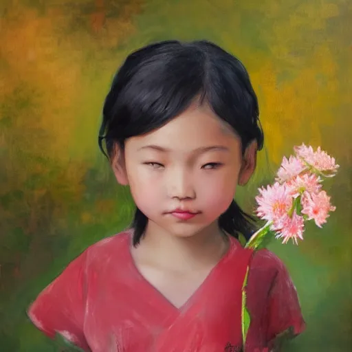 Prompt: Asian little girl holding flowers, bust, oil painting,CG,HD,8K