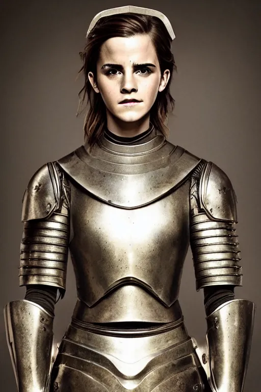 Prompt: Emma Watson as Joan of Arc for an upcoming movie directed by Ridley Scott, full suit of gilded plate armor, holding a sword, detailed face, good lighting, promo shoot, studio lighting