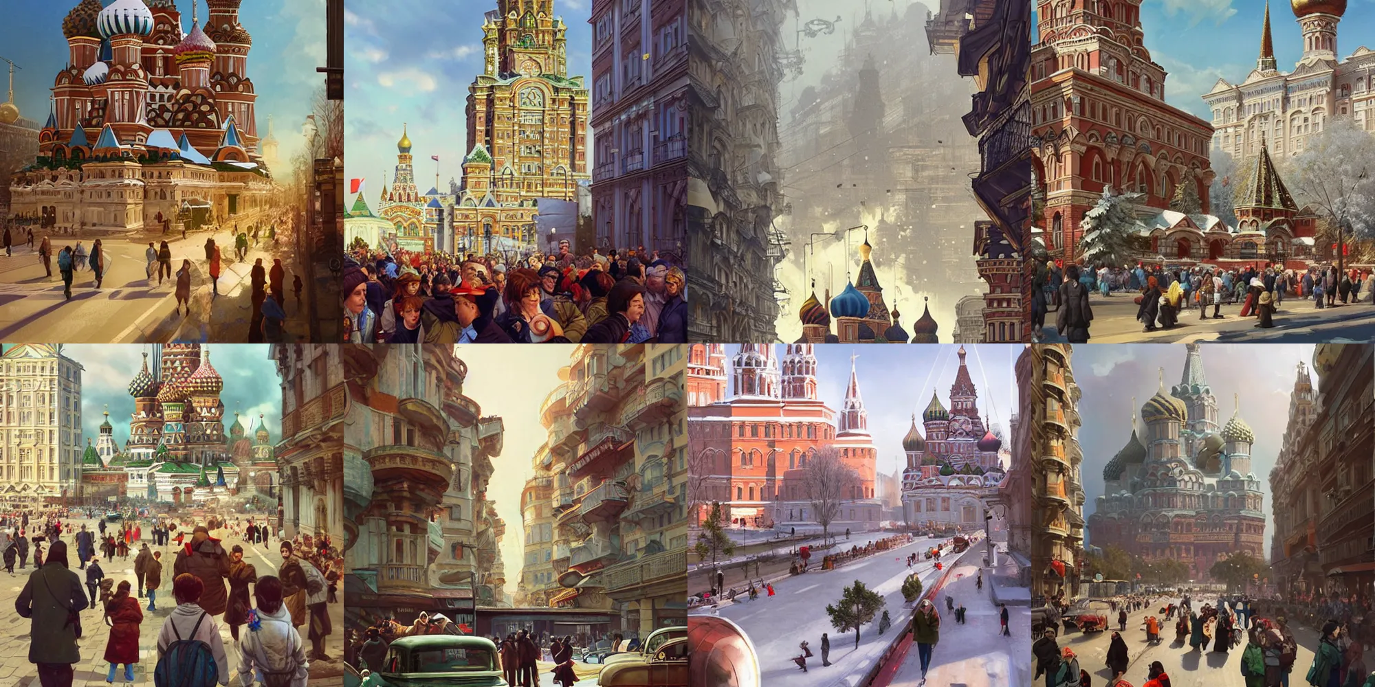 Prompt: russia, a view from the eyes on the street, a wonderful future, retro architecture, a crowd of adults and children, a holiday, joy, a clear day. highly detailed, digital painting, artstation, concept art, matte, sharp focus, illustration, art by artgerm and greg rutkowski and alphonse mucha
