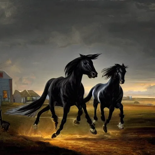 Prompt: a black horse galloping through a New England town in 1643 at night, fantasy art, detailed, hyper realistic, cinematic