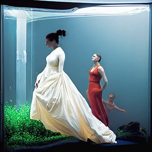 Image similar to photo by mort kunstler and annie leibovitz and monia merlo, a woman wearing a giant inflated clear plastic dress containing an aquarium, backlit, 4 d, 4 k, volumetric lighting, photorealistic, light ray, hyperdetailed