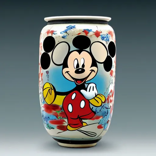 Image similar to vase work, vase art of Mickey Mouse in art style of chinese art, fragmented clay firing chinese vase with an Mickey Mouse in the style of ancient chinese art, ancient chinese art!!!!! chinese art