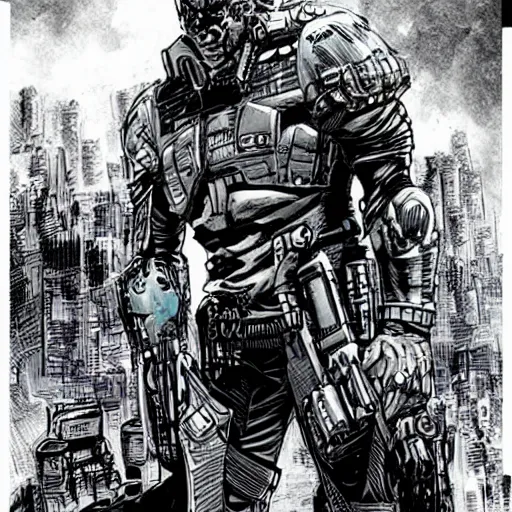 Image similar to sci - fi, dystopian bounty hunter, art by jim lee