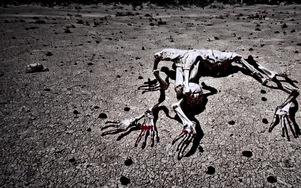 Image similar to in the desert a bloody gross horrifying The Thing creature made of muscle and bone and blood stares at the camera, eating, there is a pool of blood on the ground, it walks on two legs, like a skinwalker, mid day, 35mm photography, realistic,