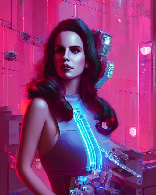 Image similar to portrait of lana del rey as a cyberpunk cyborg. roses, sci - fi, missing panels, intricate abstract, upper body, intricate artwork, by tooth wu, wlop, beeple, dan mumford. concept art, 8 k octane render, deviantart, greg rutkowski, cinematic, key art, hyperrealism, iridescent accents