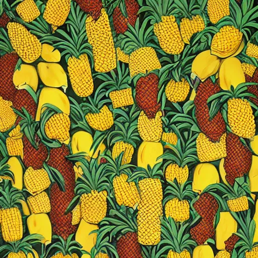 Image similar to pineapples, corn, and bananas in the jungle by kehinde wiley