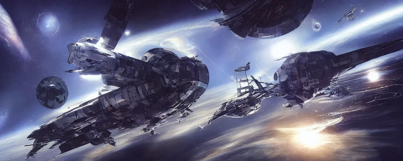 Prompt: spaceship in the sky , space station by Stephan Martiniere, masterpiece , volumetric light