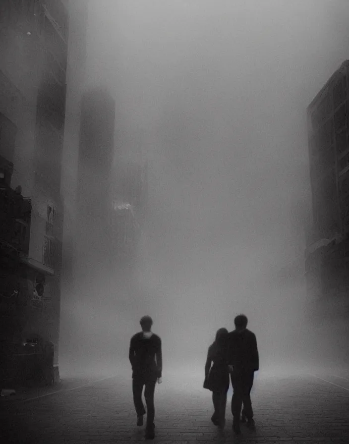 Image similar to very low - resolution found footage of a couple escaping in the city from a starfish kaiju monster, fog, foggy, korean film noir, monochrome, red hue, thriller, underdeveloped, epic, dramatic