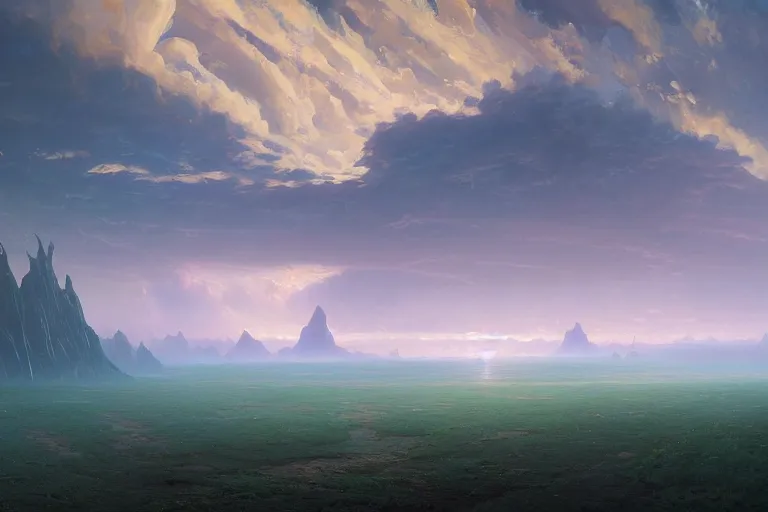 Prompt: a beautiful oil painting of serene alien landscape under the horizon line in the upper third by john howe and albert bierstadt and alena aenami and dan mumford and dave noton, unreal engine, trending on behance