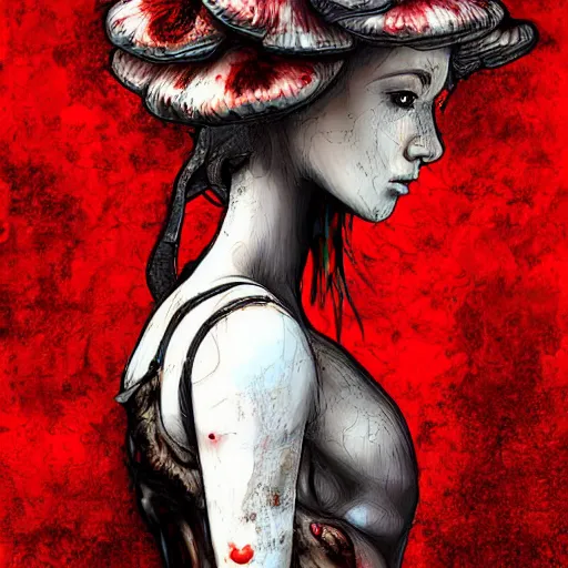 Prompt: detailed half body digital art for a game of a beautiful woman wearing ragged and ruined clothes merged with mushrooms. the background is pure red. dramatic camera angle