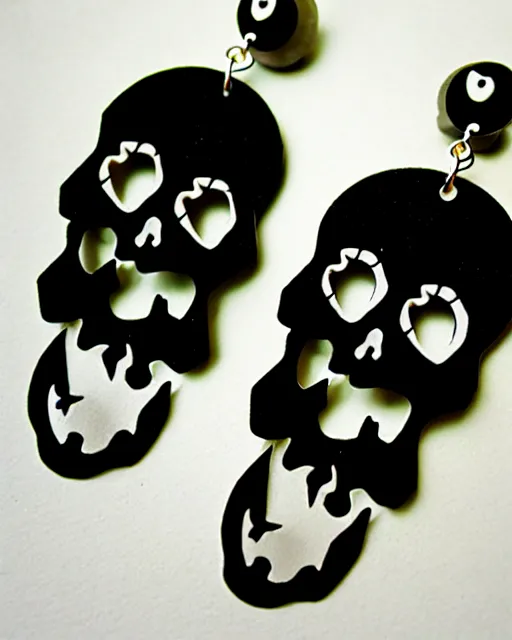 Image similar to spooky cartoon skull, 2 d lasercut earrings, in the style of tim burton