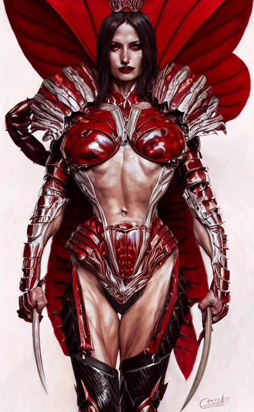 Prompt: Gothic crustacean muscular bodybuilder warrior queen in red and white chitin armor, fantasy, highly detailed, digital painting, artstation, concept art, smooth, sharp focus, illustration, art by artgerm and greg rutkowski and alphonse mucha