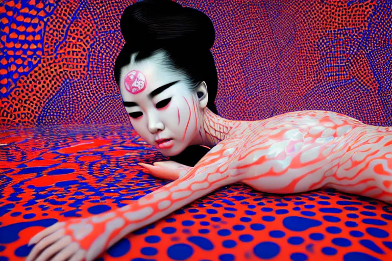 Image similar to hyperrealistic detailed image of a geisha laying in a art installation room, interior by yayoi kusama, part by kei mieno, part by alex gray, part by ross tran, part by james jean, ultra realistic, highly detailed, life like face, detailed body, 8 k, octane render, trending on artstation, very cohesive, masterpiece