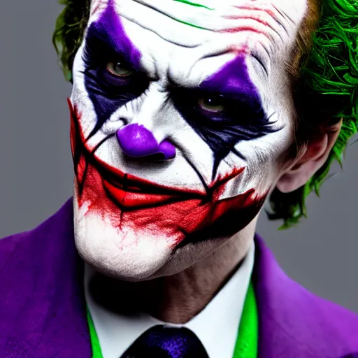 Image similar to william dafoe wearing purple suit and joker makeup cinematic photoshoot high quality highly affordable photo realistic 8 k hd