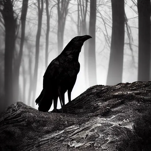 Image similar to mixture between an!! crow and! wolf, photograph captured in a dark forest, realistic