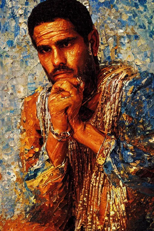 Image similar to highly detailed palette knife oil painting of a historically accurate depiction of the ancient biblical egytian prince Joseph, thoughtful, by Peter Lindbergh, impressionistic brush strokes, painterly brushwork