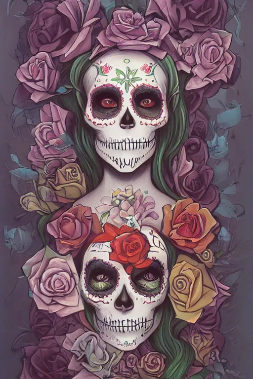 Image similar to illustration of a sugar skull day of the dead girl, art by peter mohrbacher