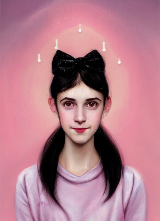 Image similar to portrait of teenage girl, realistic, black hair, bangs, half updo hairstyle, pointy nose, skinny, smile, ugly, defined jawline, big chin, pink hair bow, earrings, intricate, elegant, glowing lights, highly detailed, digital painting, artstation, sharp focus, illustration, art by wlop, mars ravelo and greg rutkowski