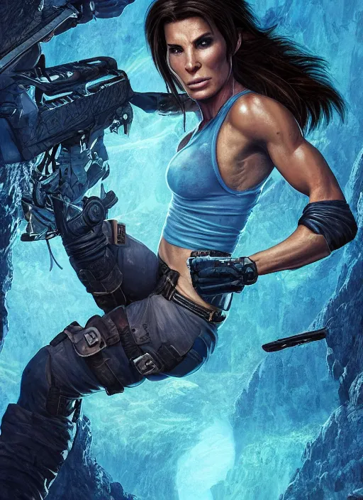 Image similar to muscled Sandra Bullock as Lara Croft as a ruggedly handsome heroine looking directly into the camera, jumping off a glowing artifact lodged in shallow blue glowing water, intricate, elegant, highly detailed, artstation, concept art, smooth, sharp focus, illustration, bokeh art by artgerm and donato giancola and Joseph Christian Leyendecker, WLOP, fireflies, distant snowstorm and thunder