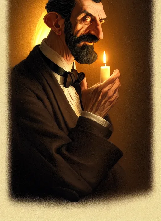 Image similar to portrait of havelock vetinari, discworld, intricate, elegant, candle light, highly detailed, digital painting, artstation, concept art, smooth, sharp focus, illustration, art by wlop, mars ravelo and greg rutkowski