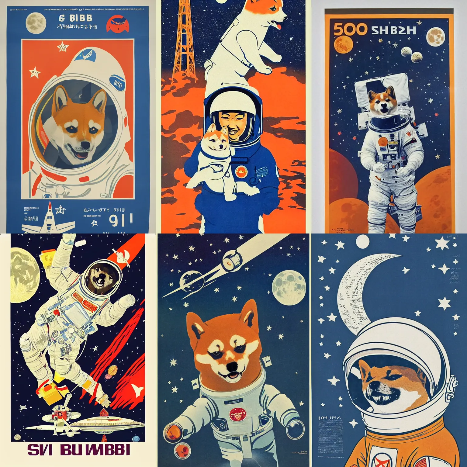 Prompt: Shiba Inu cosmonaut portrait, moon mission, 60s poster, 1968 Soviet