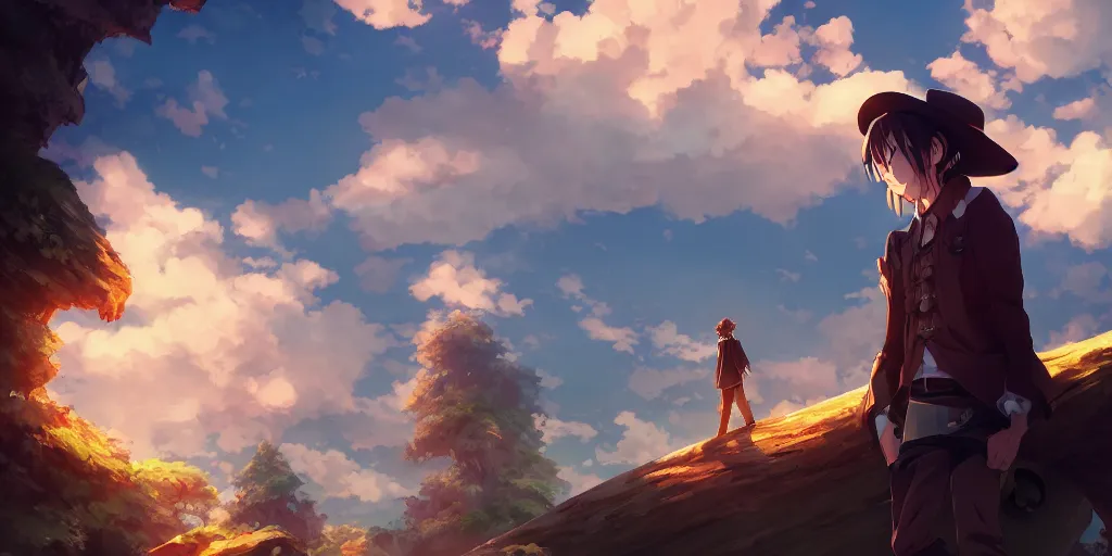 Prompt: isekai masterpiece anime man standing tree log looking up at colossal cyan crystals, high noon, cinematic, very warm colors, intense shadows, ominous clouds, anime illustration, anime screenshot composite background by mandy jurgens