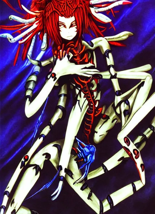 Image similar to shin megami tensei art of a demon called mi - go, crustacean humanoid, art by kazuma kaneko, ( ( ( ( ( ( ( ( ( ( human ) ) ) ) ) ) ) ) ) ) demonic! compedium!, digital drawing, white background, high quality, highly detailed