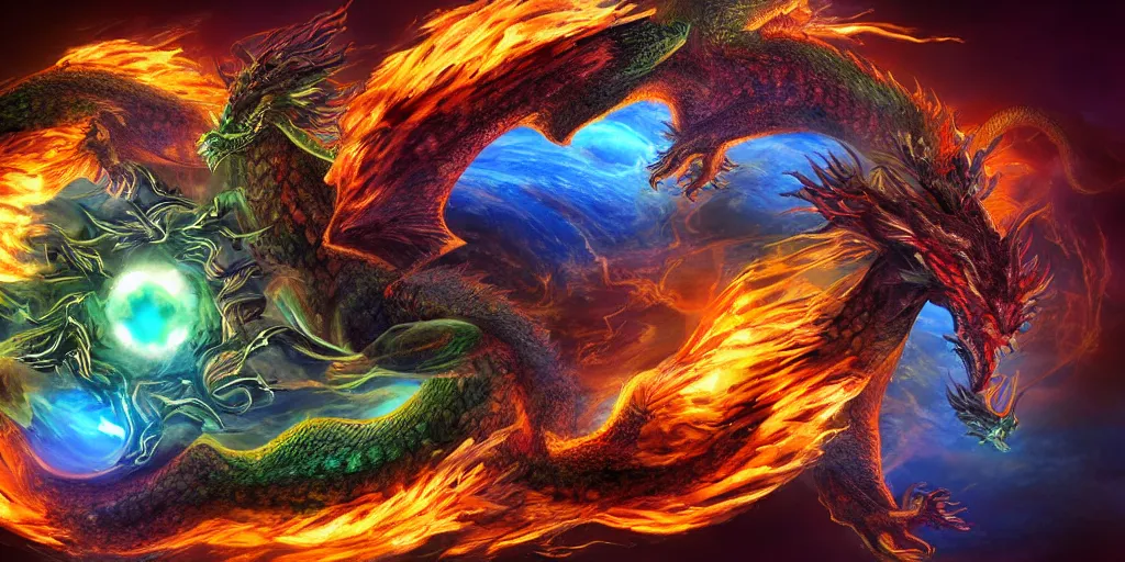 Prompt: Four dragons power up one sphere of high energy through their breaths. The dragon of wind, the dragon of fire, the dragon of water, the dragon of earth. Digital art, hyper detailed, beautiful, clear definition, HD