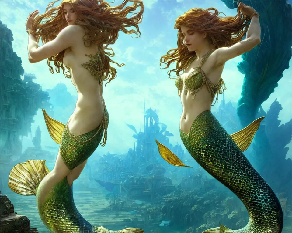 Prompt: a beautiful mermaid looking at the sunken city of Atlantis under water, ray of sunlight, stunning grand architecture, art by artgerm and greg rutkowski and alphonse mucha, 8k octane beautifully detailed render, post-processing, extremely hyperdetailed, intricate, epic composition, grim yet sparkling atmosphere, cinematic lighting + masterpiece, trending on artstation, very detailed, vibrant colors, Art Nouveau, god rays