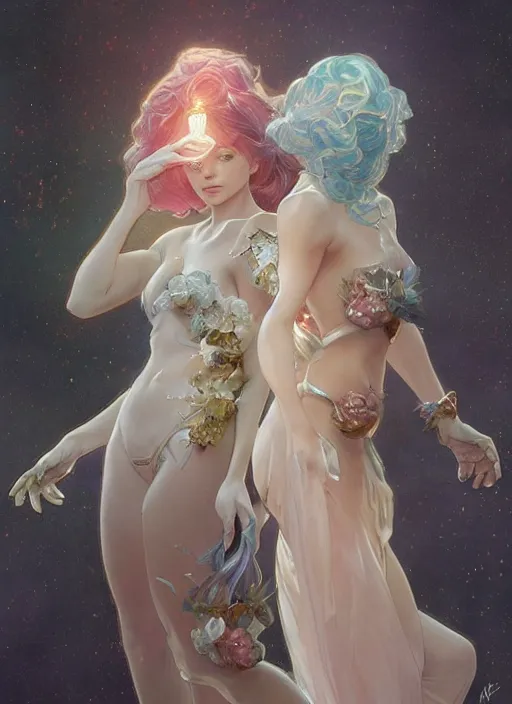 Image similar to a couple made of sparkling crystal, diamond and rose quartz, full body view, beautiful high quality realistic fantasy art, trending on artstation by artgerm and greg rutkowski and alphonse mucha