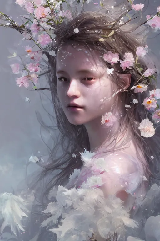 Image similar to face closeup a young beautiful girl drowned in water exploding into flowers, wearing crystal white feathers, 3 d render, hyper realistic detailed portrait, holding magic flowers, ruan jia, wlop. scifi, fantasy, hyper detailed, octane render, concept art, by peter mohrbacher, by wlop, by ruan jia