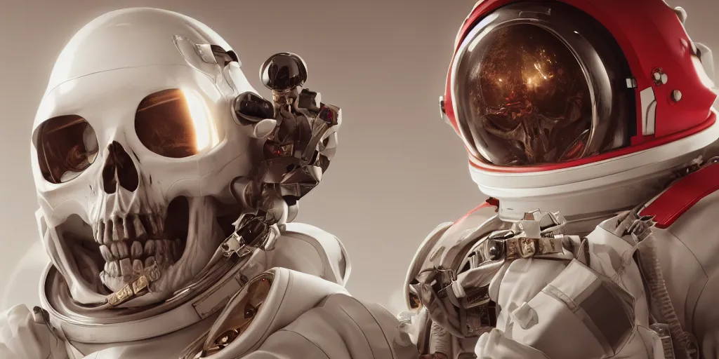 Image similar to ornate red bone skull in astronaut suit, gold linens, cinematic lighting, dramatic, octane render, long lens, shallow depth of field, bokeh, anamorphic lens flare, 8k, hyper detailed