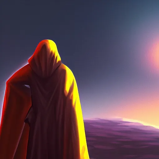 Prompt: hooded figure standing at the edge of reality gazing into the unknown, sunset on distant planet, detailed digital painting, smooth, sharp focus, artstation, artgerm, 4 k ultra hd, fantasy dark art