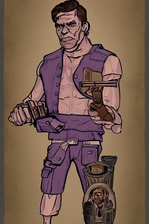 Prompt: saint homo neanderthalis, with book of science, on his right hand, and riffle, on his left hand, fix duplicate content!, violet polsangi pop art, gta chinatown wars art style, bioshock infinite art style, incrinate, realistic anatomy, hyperrealistic, two colors, white frame, content proportion