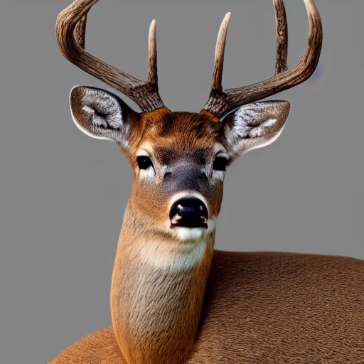 Image similar to hyperrealistic mugshot of a deer, photorealistic, 8k octane render, trending on art station, stunning visuals