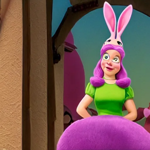 Image similar to A still of Louise Belcher in Shrek (2001), wearing a pink bunny ears hat and green dress, black hair