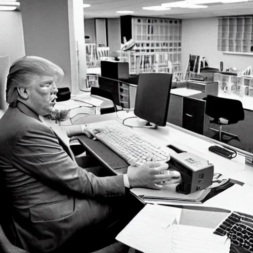 Image similar to candid color photo of Donald Trump sitting at a bank of very complicated, 1970's looking computers (designed by gucci ) working through the night in his theoretical physics lab with his old nemesis george lucas. They are both frustrated at not having cracked the theorem. photo by annie leibowitz