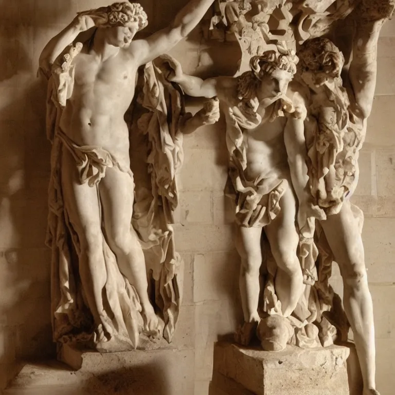 Prompt: at the rave, Dionysus drinks wine to forget his painful memories, ancient greek sculpture