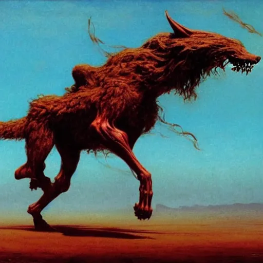 Prompt: hobgoblin khan riding a wolf striding through the desert, warhammer, beksinski