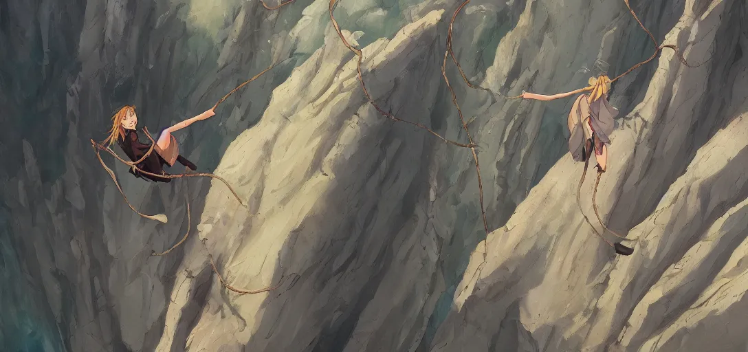 Image similar to a detailed painting of a single woman hanging from the side of a cliff overlooking the end of the world by Studio Ghibli trending on ArtStation