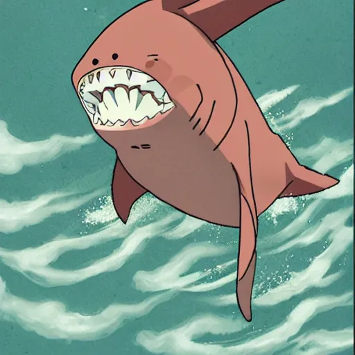 Image similar to shark with bird wings breaching water surface to eat surprised pancake person, cartoon, studio ghibli, manga, anime