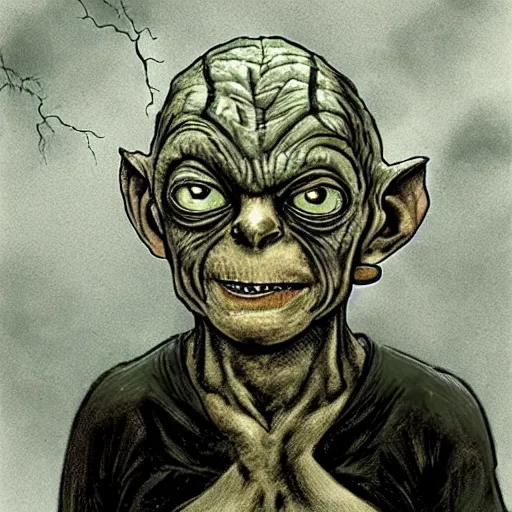 Image similar to gollum - faced with, thunderstorm, rain, depressive