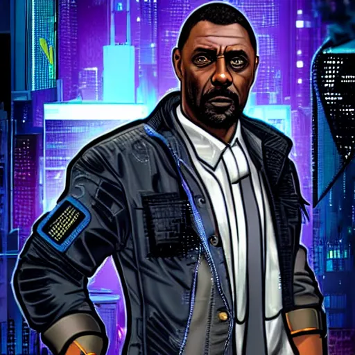 Image similar to idris elba as a cyberpunk netrunner, arcane artstyle