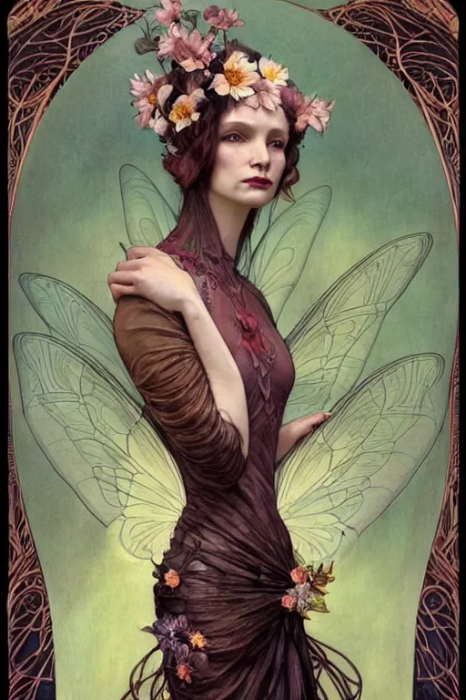 Image similar to full length portrait of a beautiful mysterious fairy with flowery headgear, no hands, by eve ventrue, michael carson, andreas rochas, john watkiss, casey weldon, artgerm. art nouveau. tarot card by mucha. gloomhaven. swirly intricate linework background. gaudy colors, sharp edges. octane render