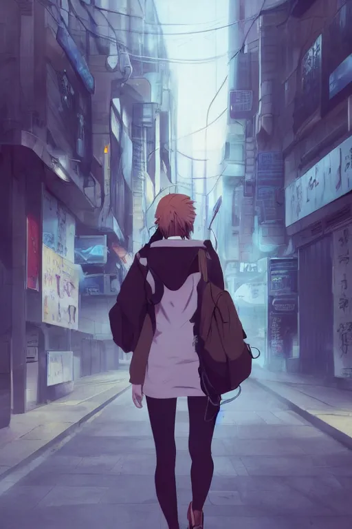 Image similar to anime teen with headphones walking at the streets of tokyo at dawn, wlop, concept art, digital painting, trending on artstation, highly detailed, epic composition, 8 k uhd