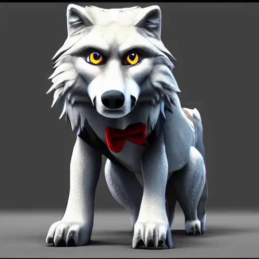 Image similar to 3 d render of a wolf as a gentleman wearing tuxedo in the pixar style, smooth render, unreal engine 5, wet reflections