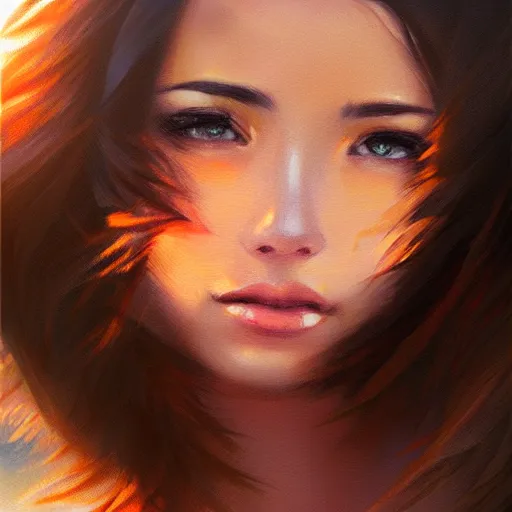 Prompt: portrait of beautiful woman on the beach, brown eyes, sunset, highly detailed, bokeh, trending on art station, digital painting by, artgerm.